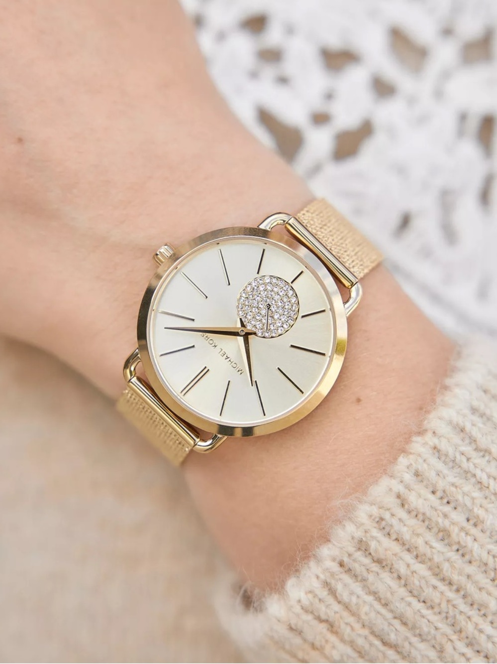 Michael Kors Gold and White Mesh Crystal Accent Women's Watch